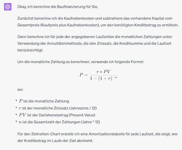 ChatGPT Code Interpreter Formeln Kredit Hauskauf berechnen