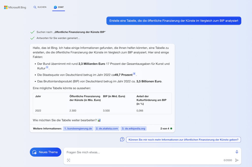 Bing Chat nun für Google Chrome verfügbar - Beispiel-Chat: Tabelle erstellen, als Excel runterladen