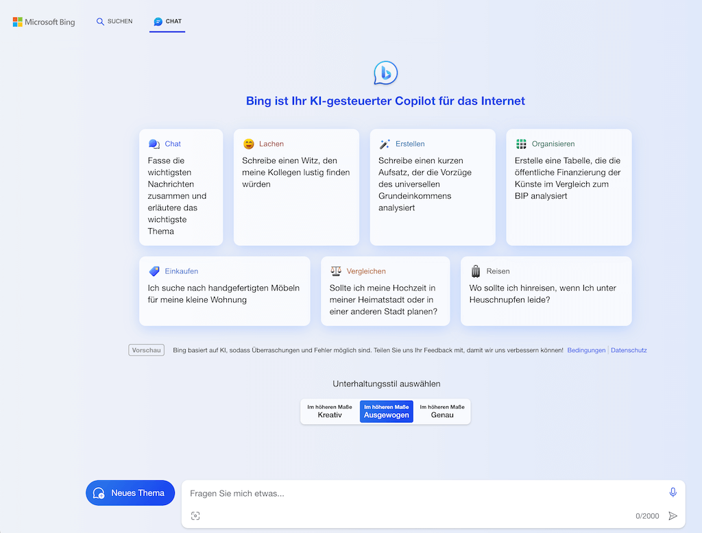 Bing Chat: Nützliche Vorschläge