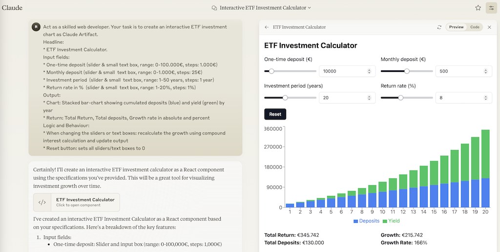 Claude Artifacts: Interaktiver ETF-Investmentrechner per generativer KI erstellen