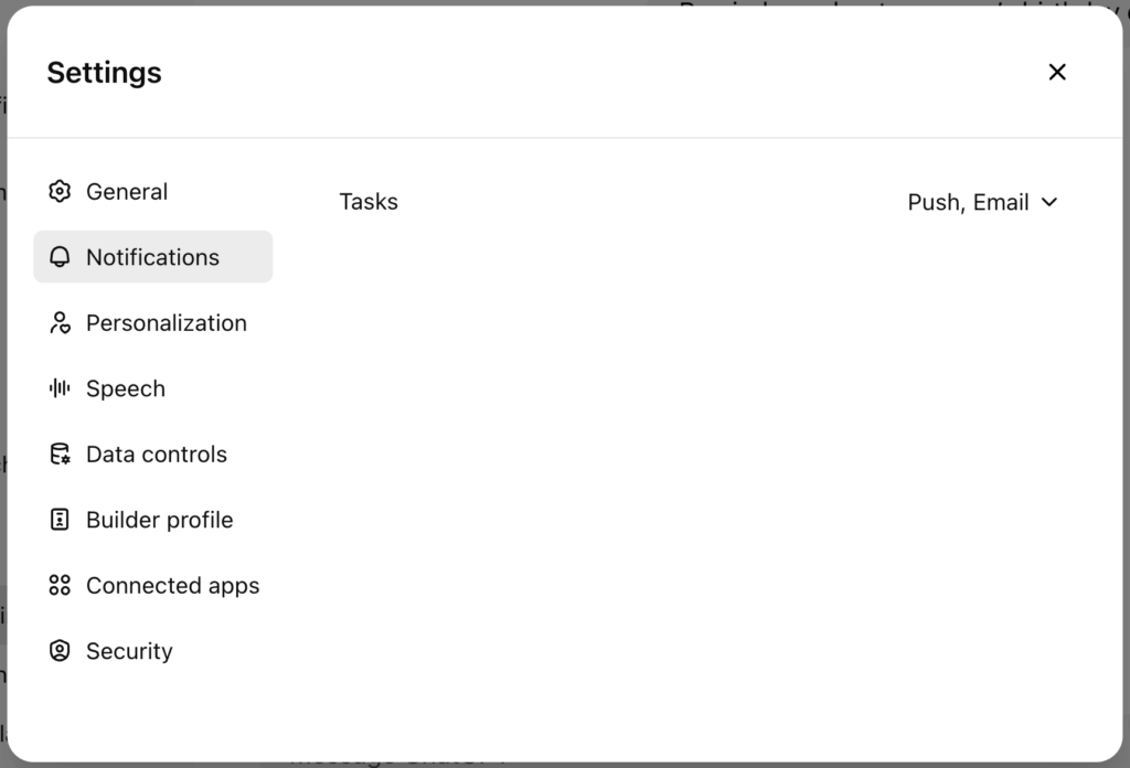 ChatGPT Tasks Settings ; Source: OpenAI.com