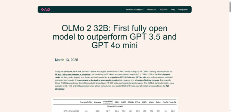 OLMo 2 32B: Open source AI outperforms GPT-3.5 for the first time at significantly lower costs