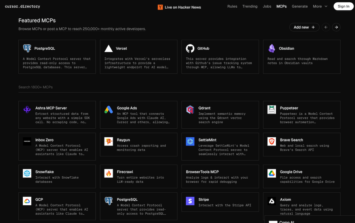cursor.directory - Verzeichnis aller mit Cursor möglichen MCP-Verbindungen