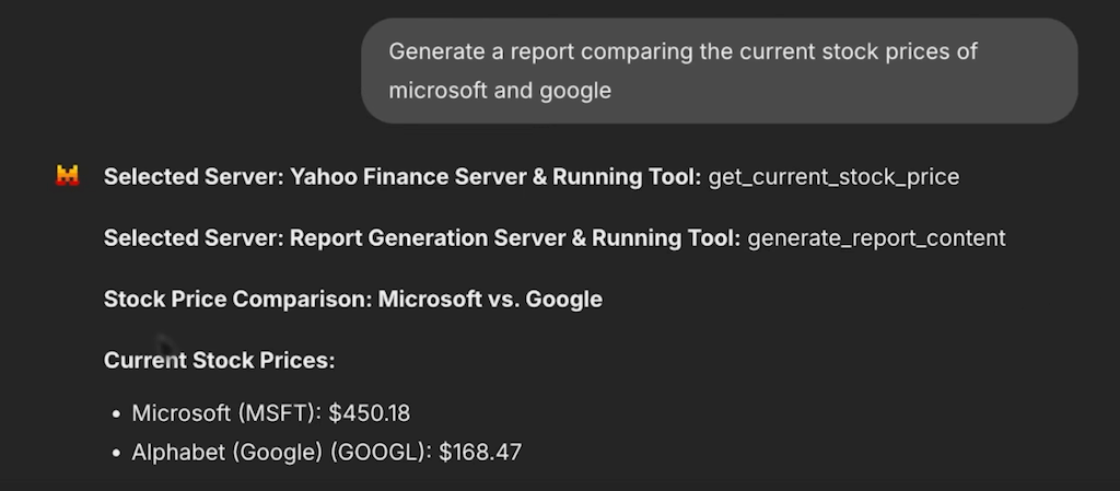 Typical agent use case for the Mistral Agents API: Analyzing financial data. The agent uses the MCP protocol to retrieve the appropriate API method from the Yahoo Finance API and passes the company names as parameters