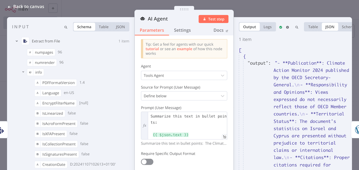 Der AI-Agent-Node fasst den Text per GPT-Modell zusammen