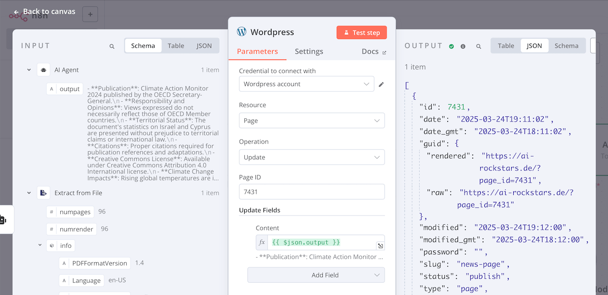 Der WordPress-Node in n8n passt einen bestehenden Artikel per Update-Befehl an