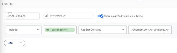 Looker-Studio Filter für KI-Traffic mit Regexp