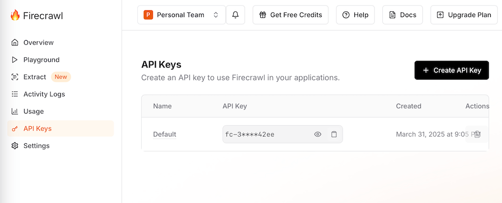 API-Key in Firecrawl anlegen