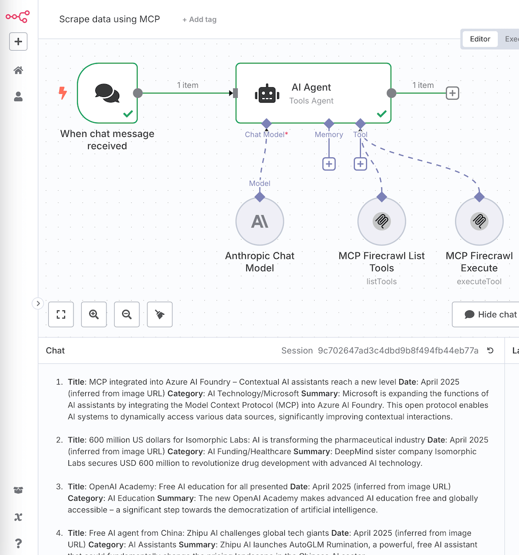 n8n-Workflow für Website-Scraping mit Firecrawl per MCP-Protokoll und Anthropic Claude Sonnet 3.7