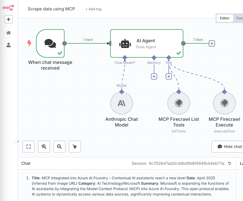 n8n-Workflow für Website-Scraping mit Firecrawl per MCP-Protokoll und Anthropic Claude Sonnet 3.7