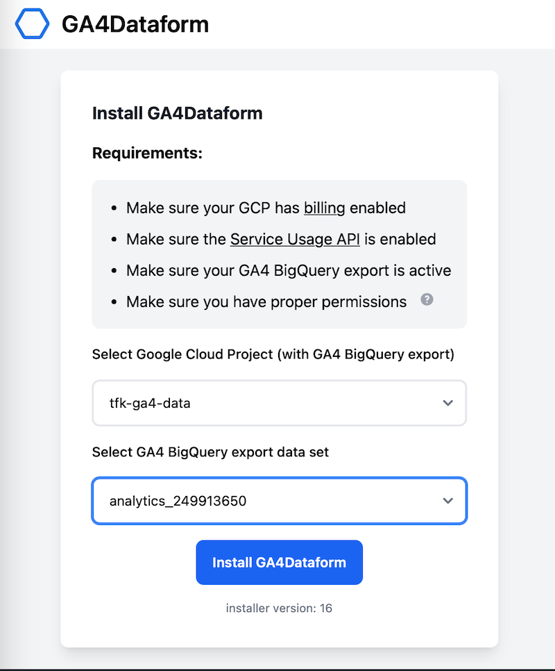 Installation von GA4Dataform, Schritt 1
