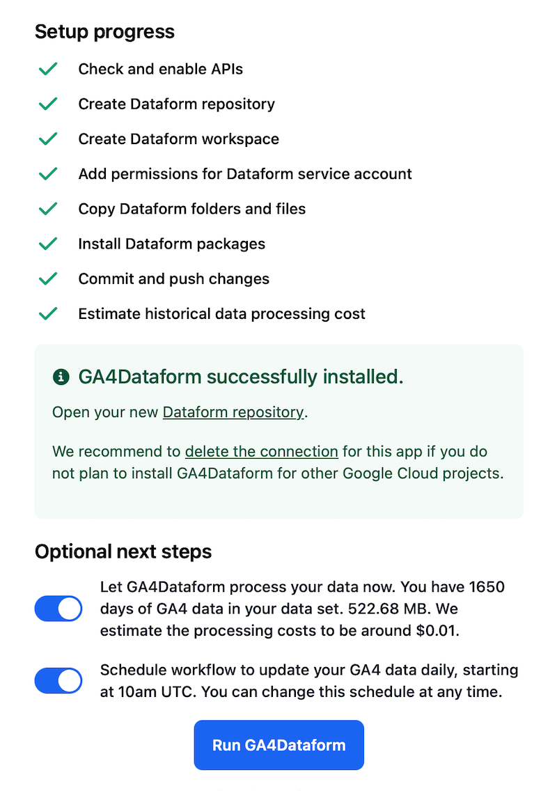 Installation von GA4Dataform, Schritt 2