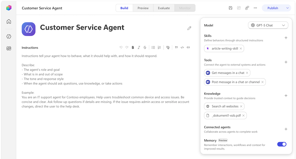 Copilot Studio Agent-Editor mit Instructions, Skills, Tools, Knowledge und Memory