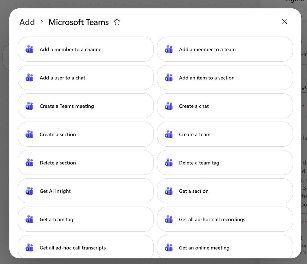 Microsoft Teams Connector Aktionen in Copilot Studio Workflows